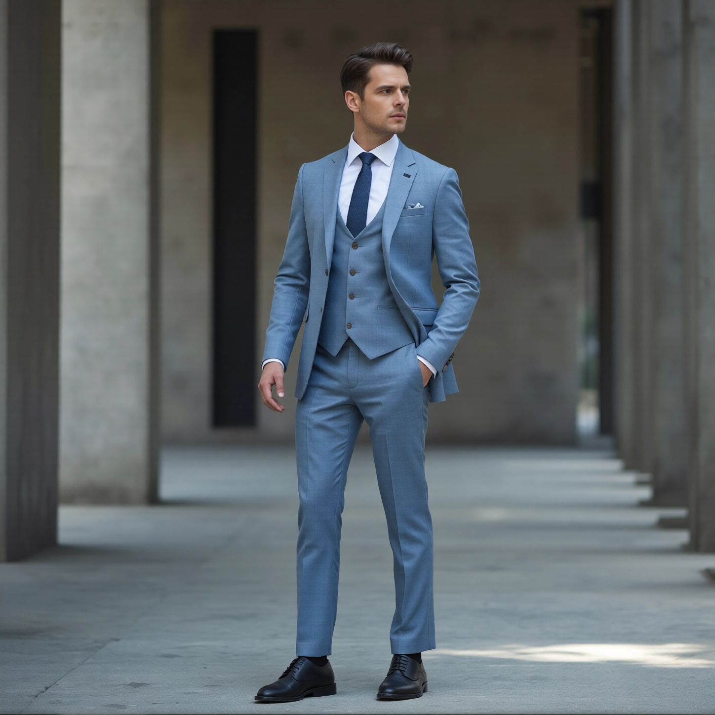 Contemporary Slim Fit Light Blue Vest Suit