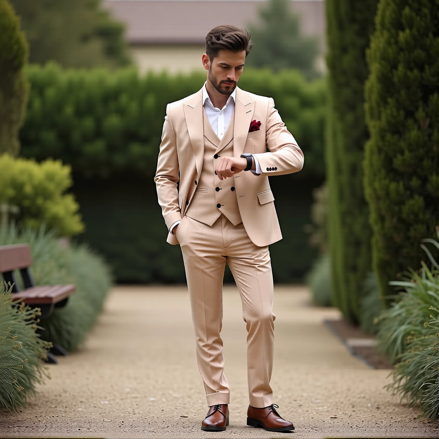 Slim Fit Beige Vest Suit with Peak Lapel