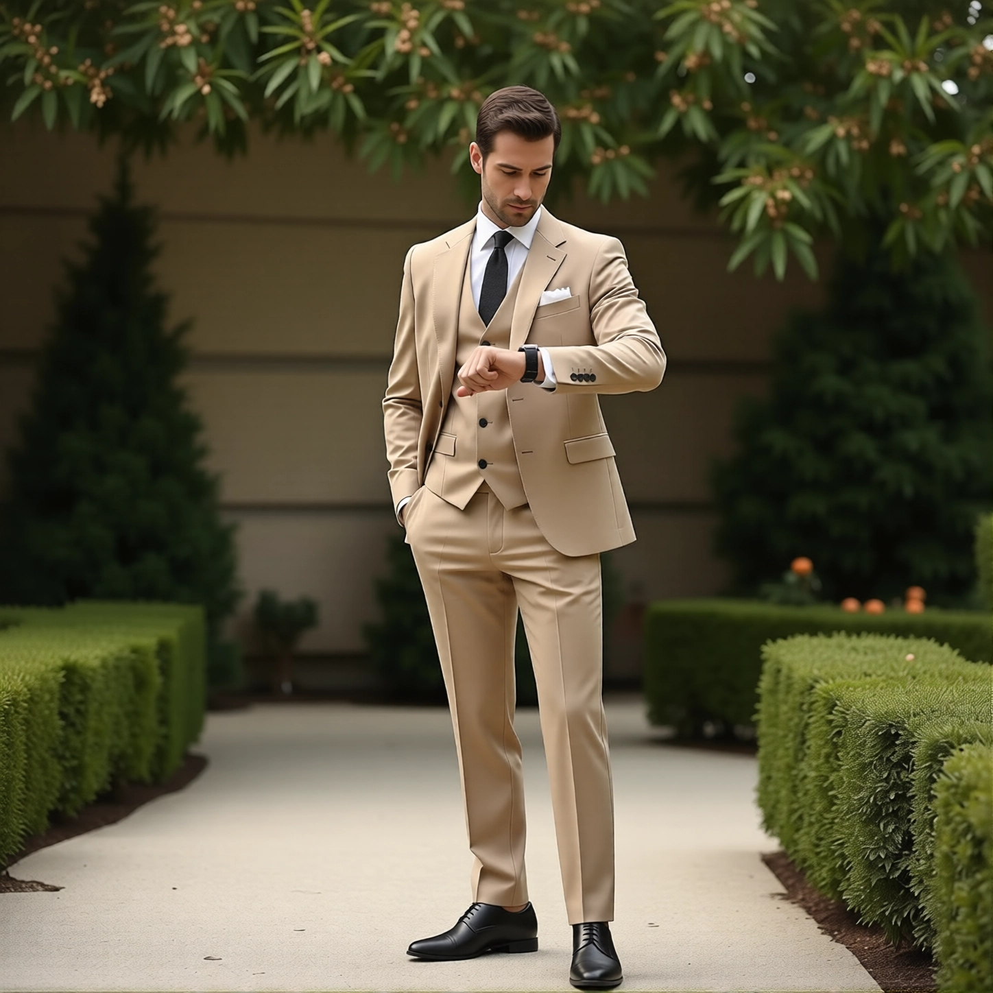 The Eastin Destination: Tan Three-Piece Slim Fit Suit