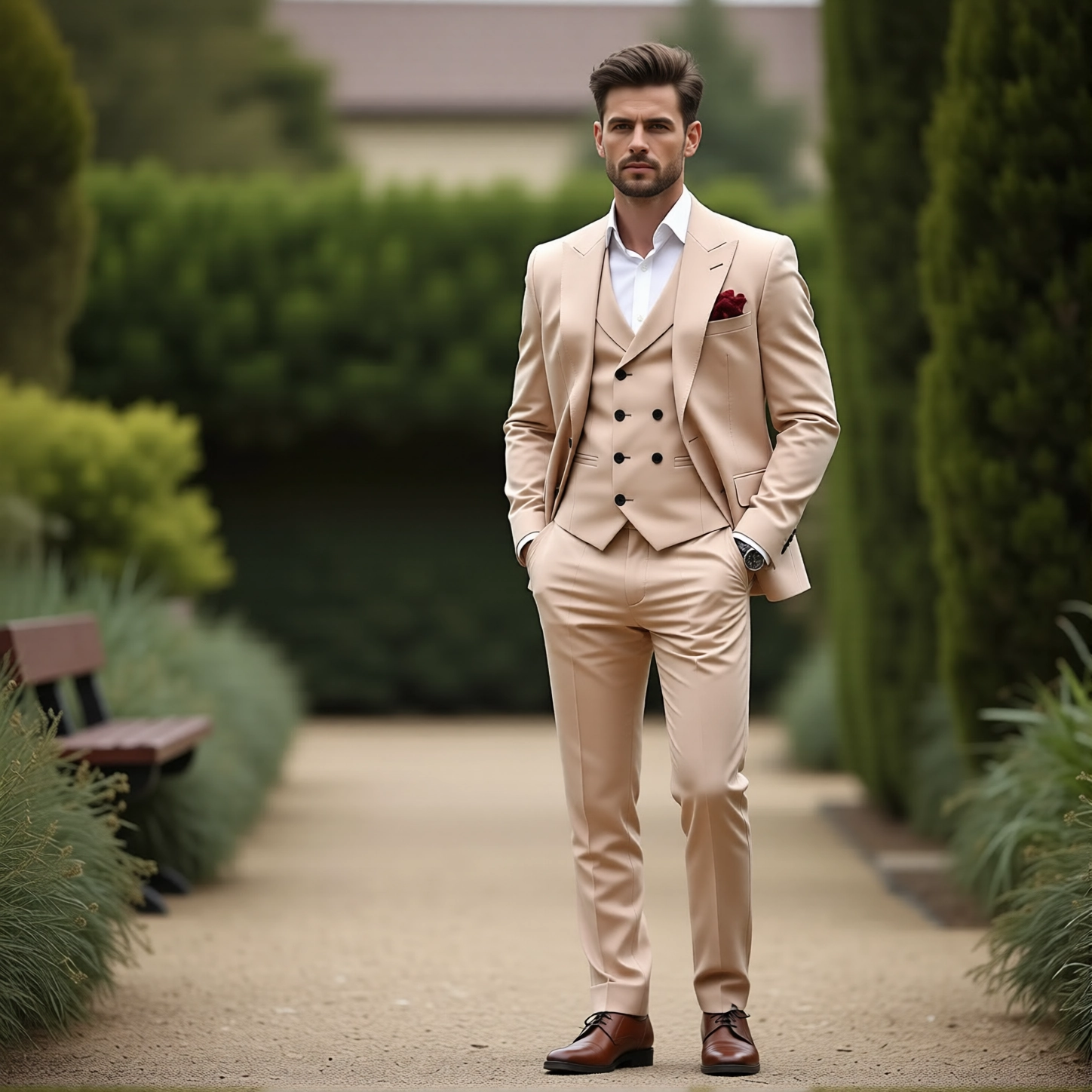 Slim Fit Beige Vest Suit with Peak Lapel
