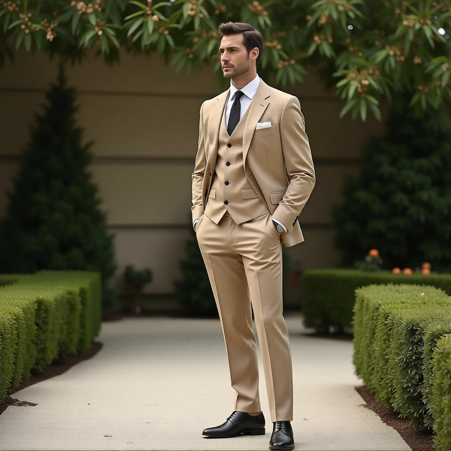 The Eastin Destination: Tan Three-Piece Slim Fit Suit