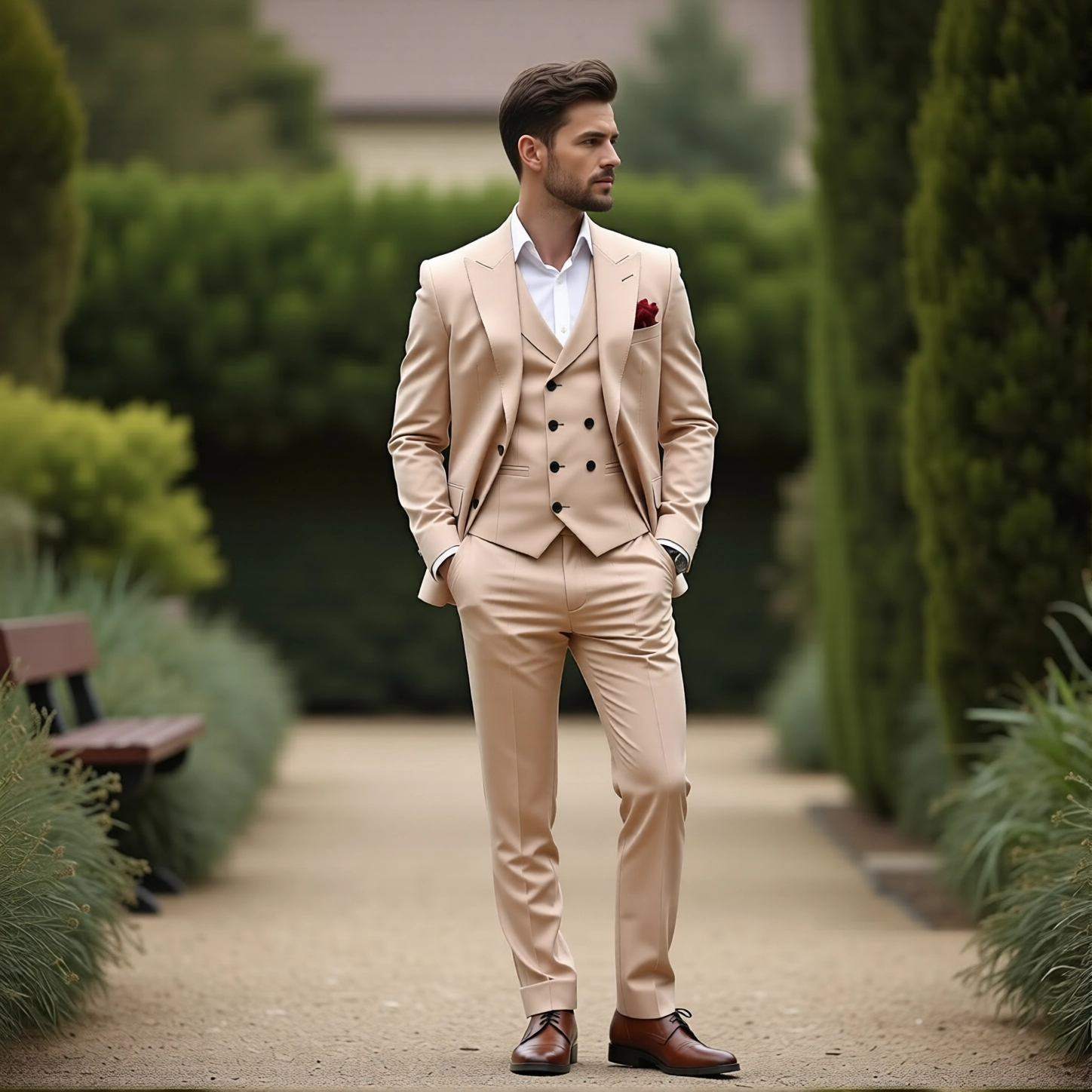 Slim Fit Beige Vest Suit with Peak Lapel