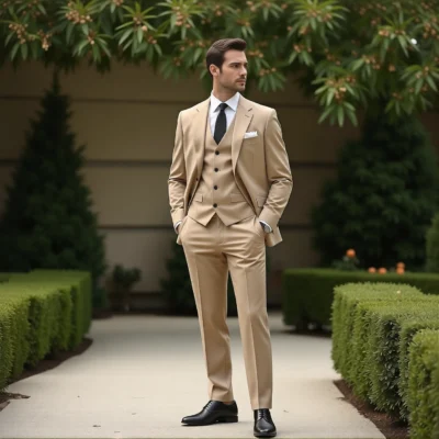 The Eastin Destination: Tan Three-Piece Slim Fit Suit