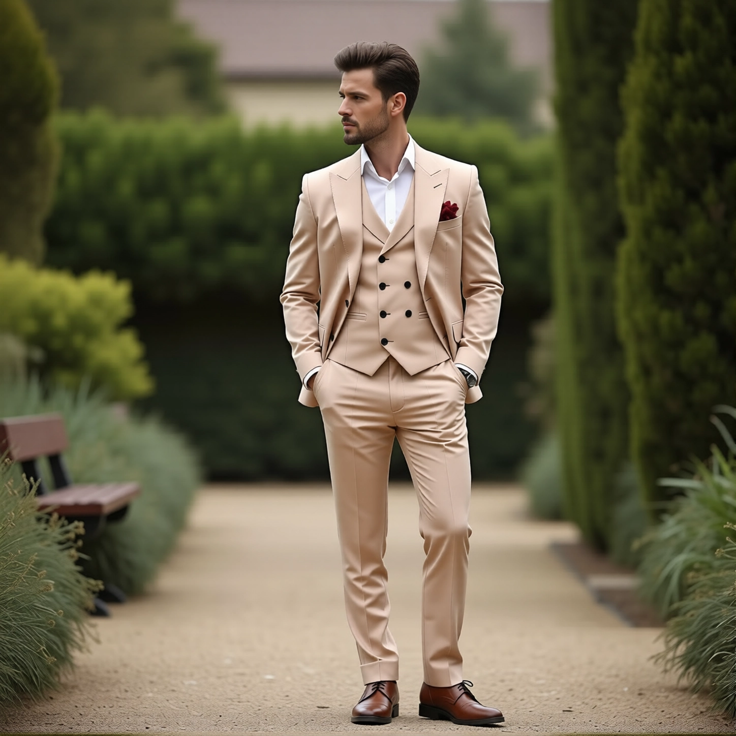 Slim Fit Beige Vest Suit with Peak Lapel