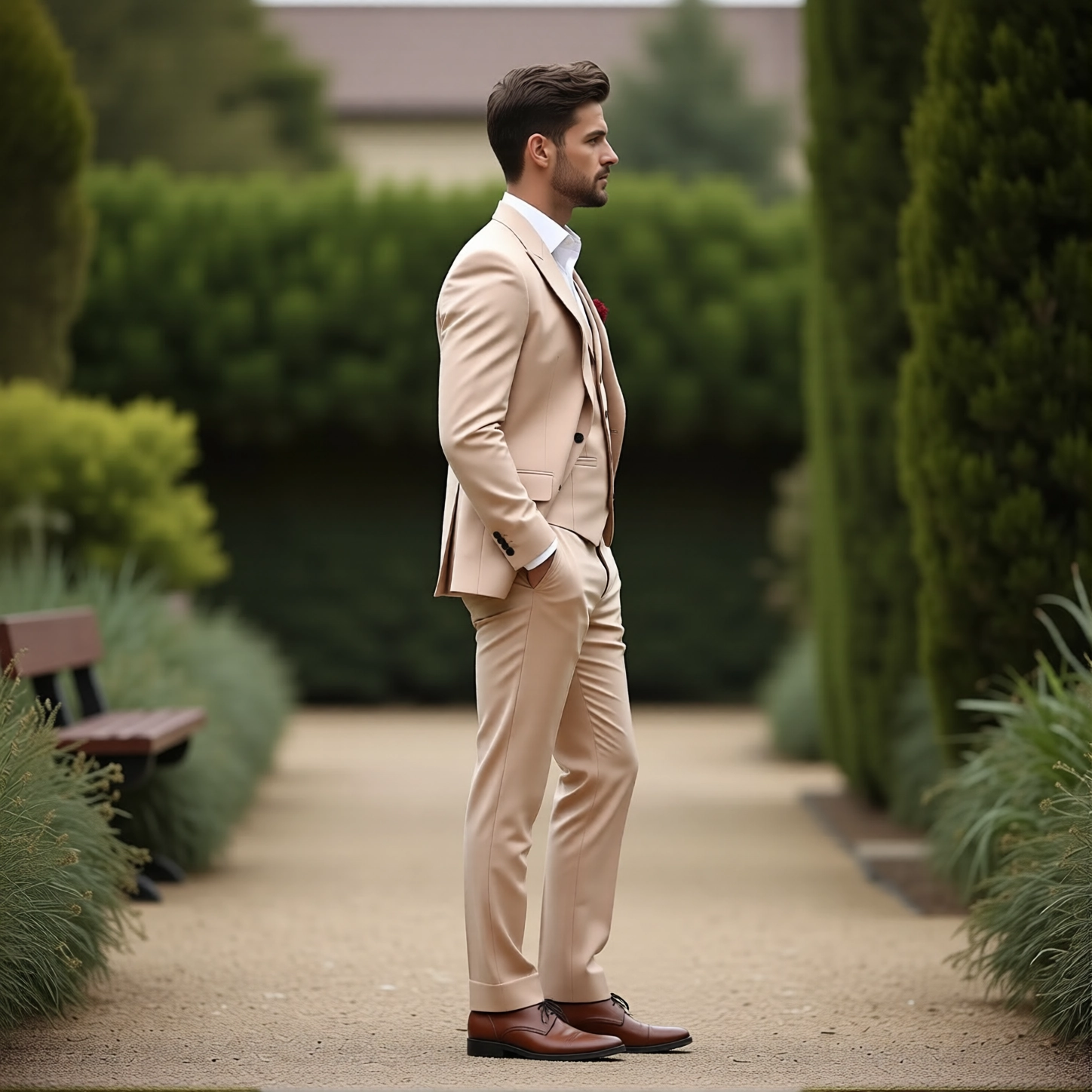 Slim Fit Beige Vest Suit with Peak Lapel