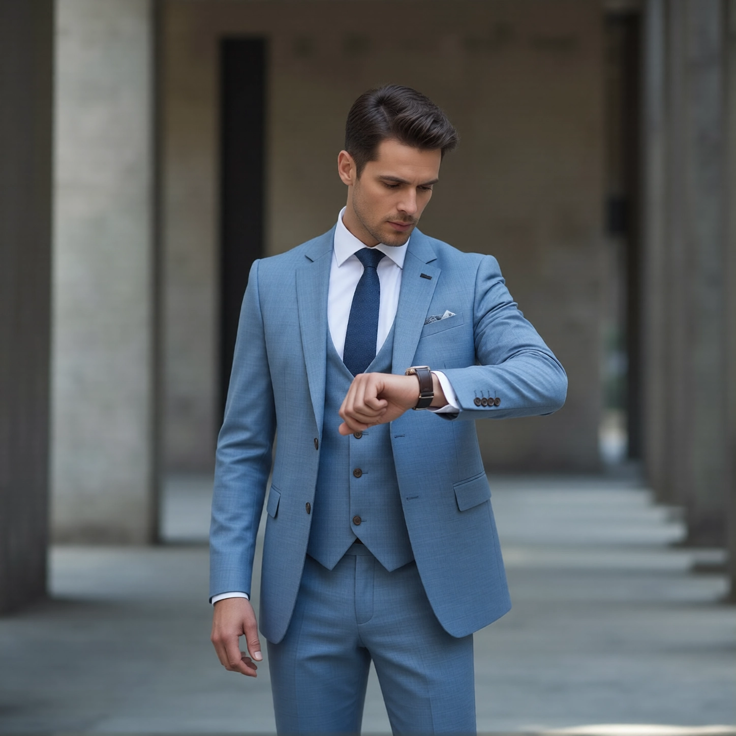 Contemporary Slim Fit Light Blue Three Piece Suit