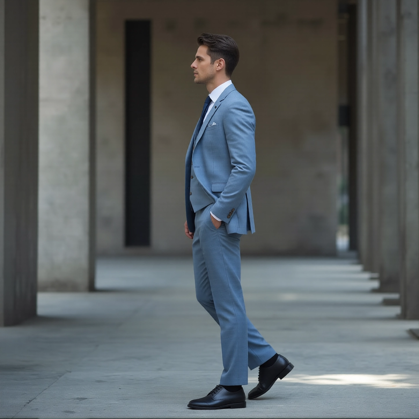 Contemporary Slim Fit Light Blue Three Piece Suit