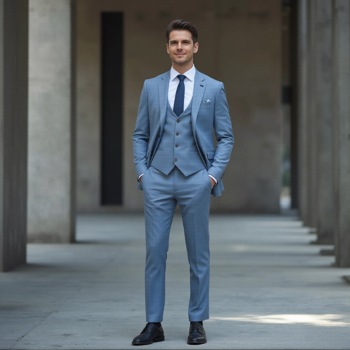 Contemporary Slim Fit Light Blue Three Piece Suit