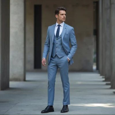 Contemporary Slim Fit Light Blue Three Piece Suit