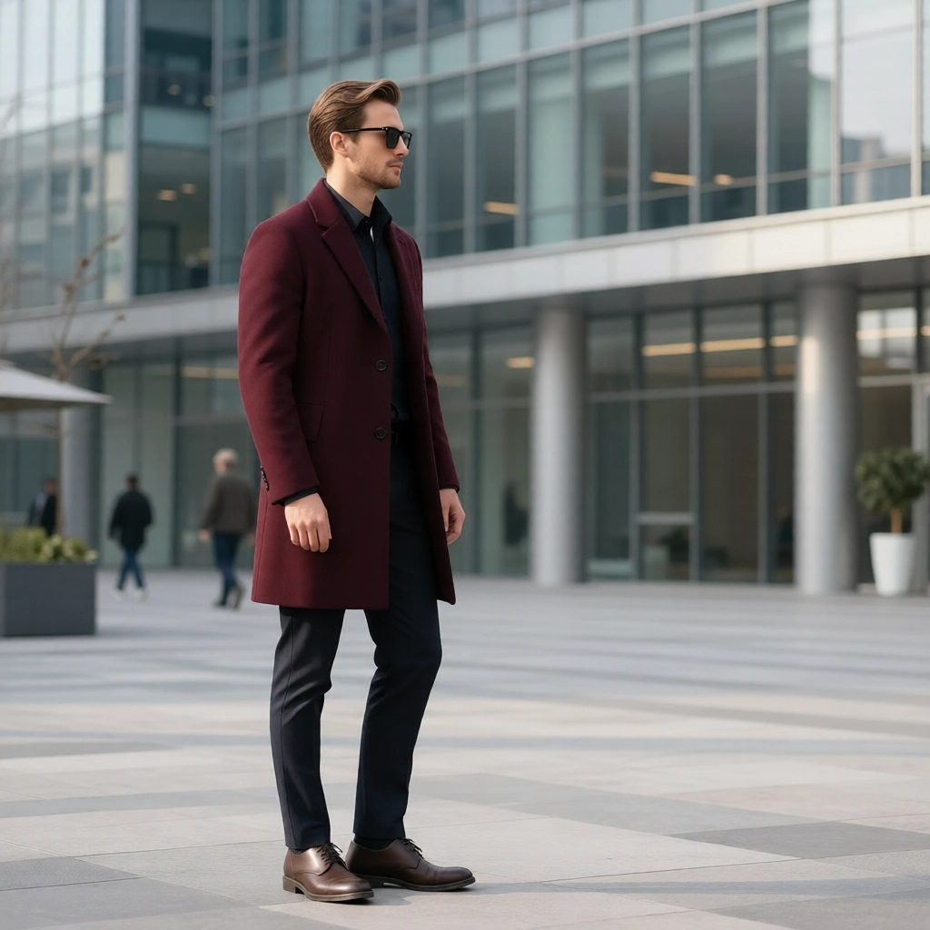 The Regent Slim-Fit Overcoat: Premium Burgundy Wool Blend