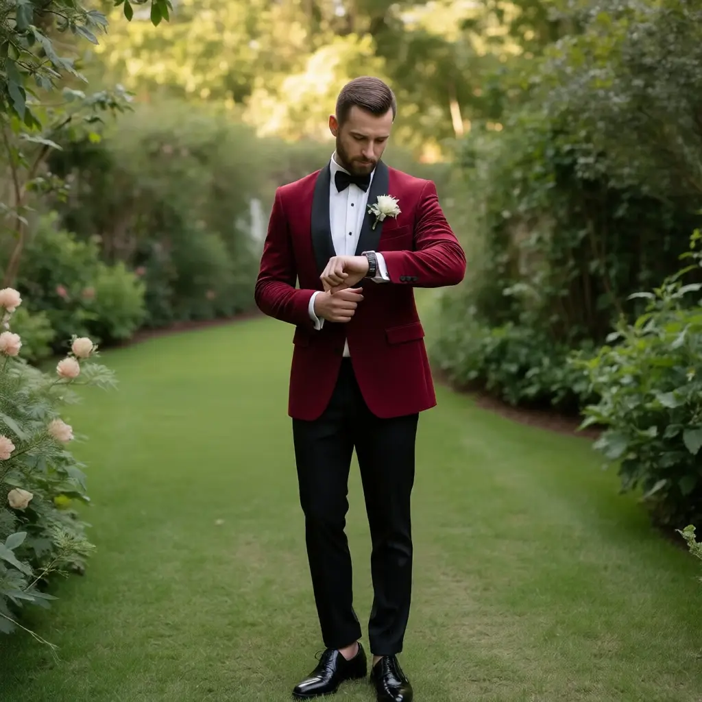 The Red Carpet Tuxedo: Maroon Velvet Dinner Jacket with Black Trim