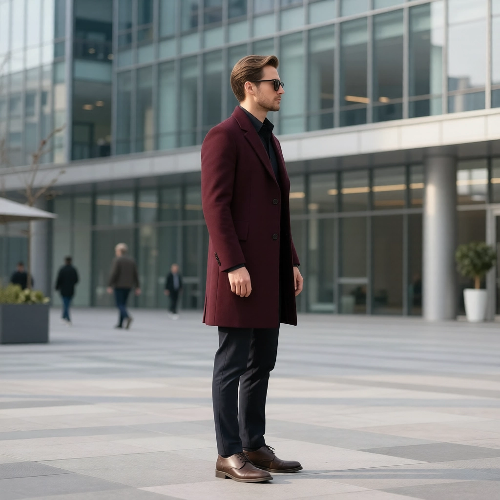 The Regent Slim-Fit Overcoat: Premium Burgundy Wool Blend