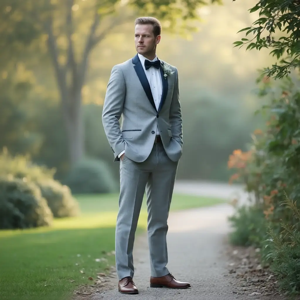 The Silver Lining Tuxedo: Light Grey Slim-Fit with Black Satin Shawl Lapel