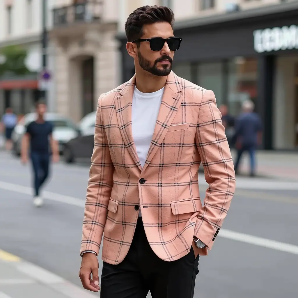 The Riviera Plaid Blazer: Slim-Fit Light Pink & Black Check Sports Jacket