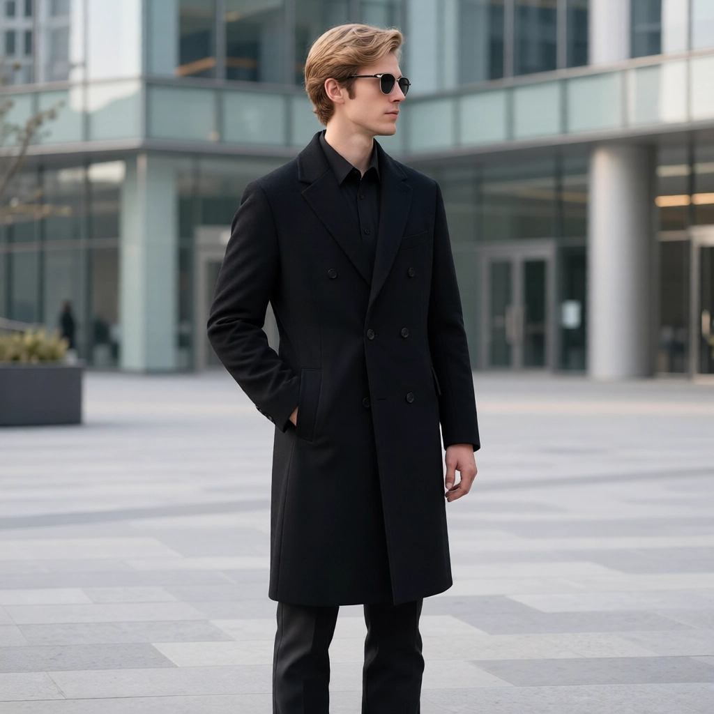 The Executive Black Double-Breasted Cashmere-Touch Coat