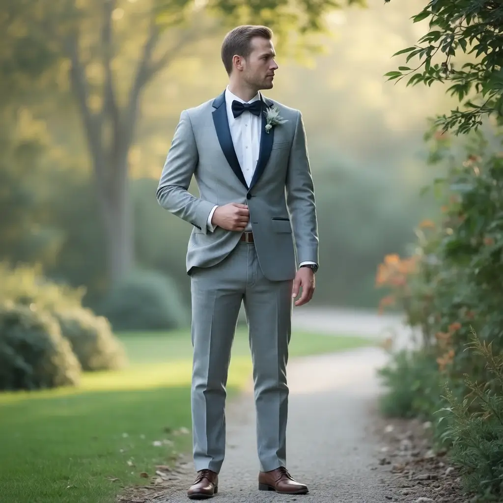 The Silver Lining Tuxedo: Light Grey Slim-Fit with Black Satin Shawl Lapel