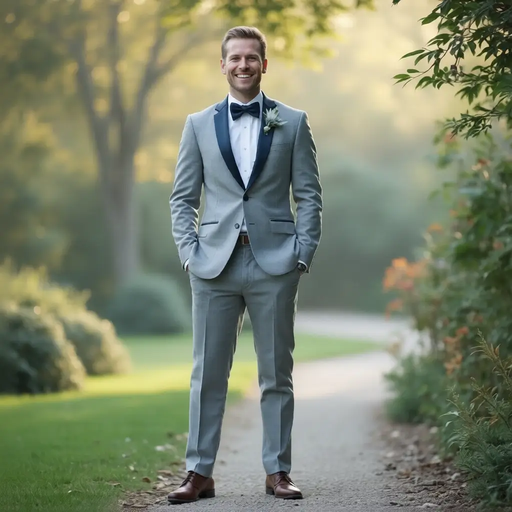 The Silver Lining Tuxedo: Light Grey Slim-Fit with Black Satin Shawl Lapel