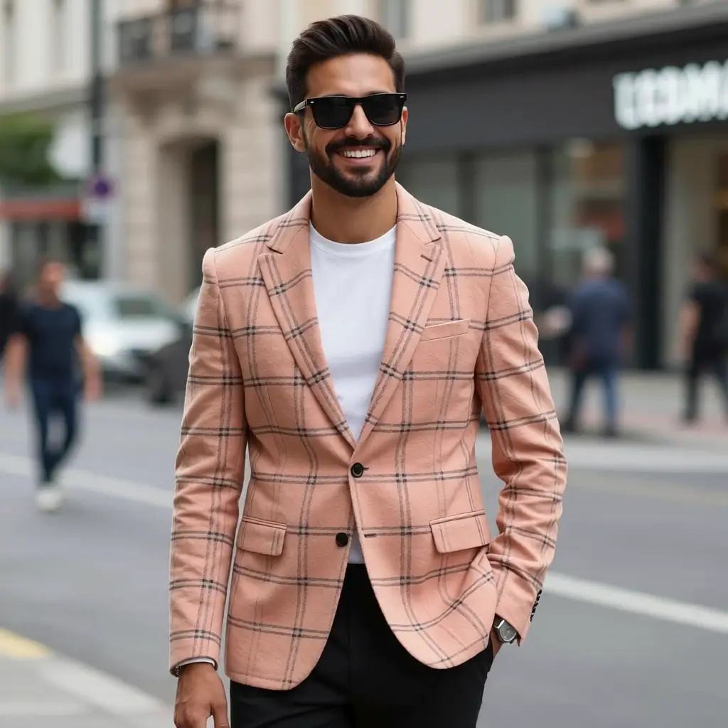 The Riviera Plaid Blazer: Slim-Fit Light Pink & Black Check Sports Jacket