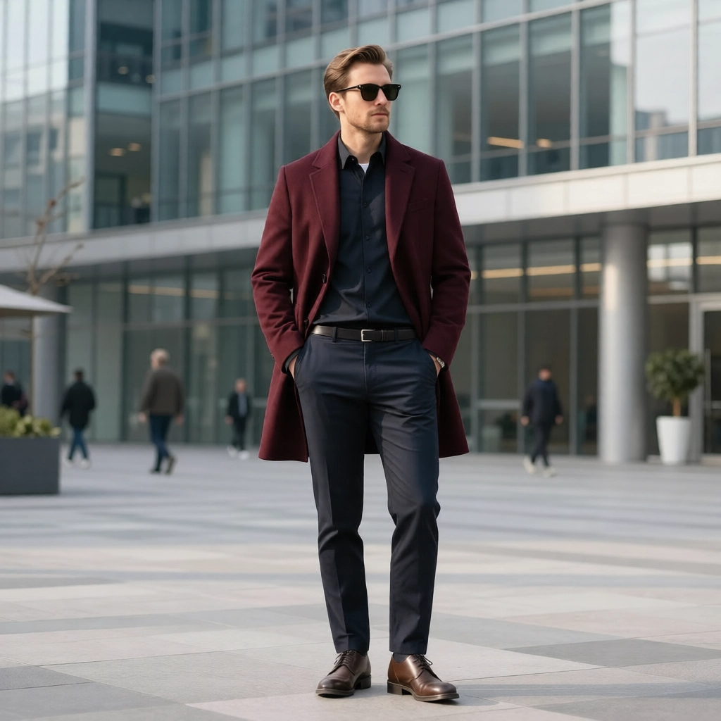 The Regent Slim-Fit Overcoat: Premium Burgundy Wool Blend
