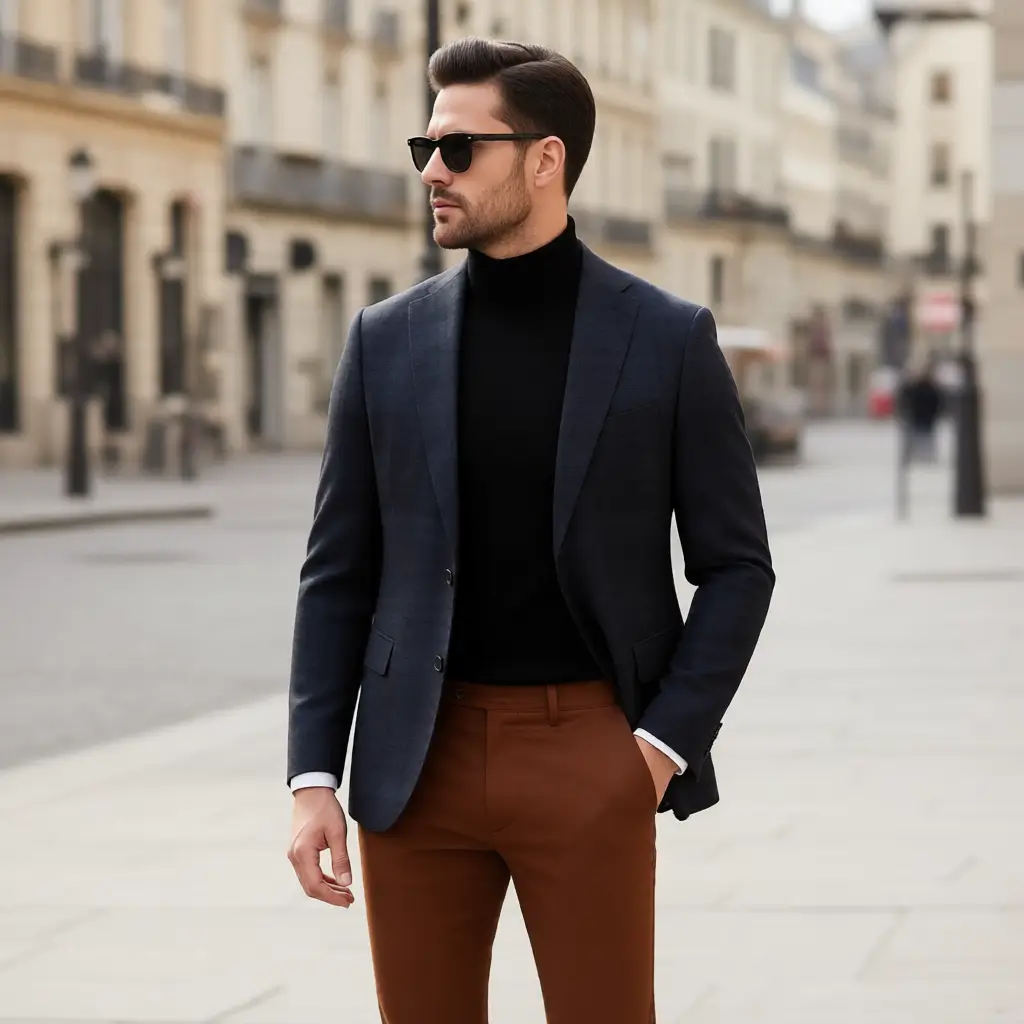 The Parisian Navigator: Slim-Fit Navy Sports Jacket & Turtleneck Ensemble