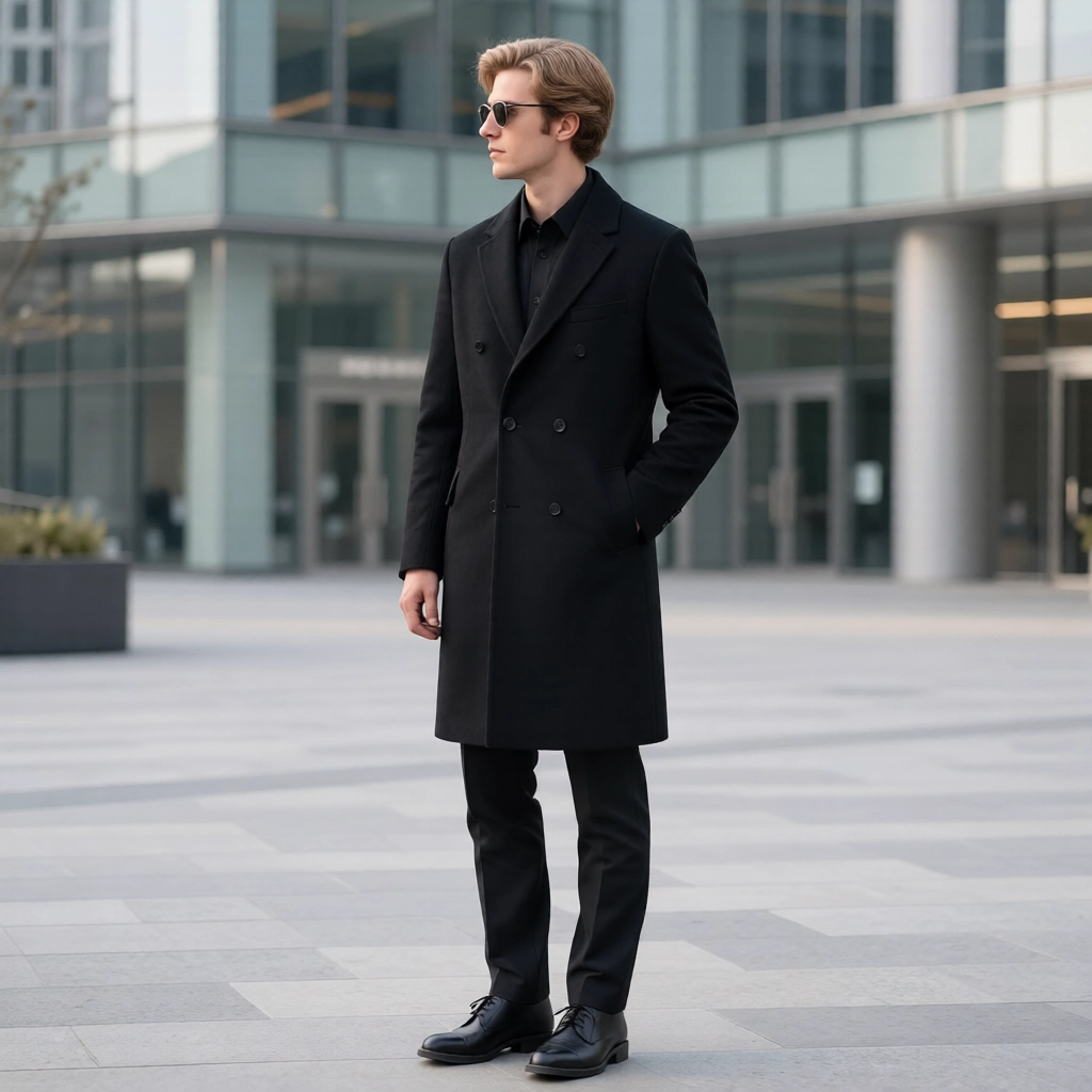 The Executive Black Double-Breasted Cashmere-Touch Coat
