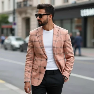 The Riviera Plaid Blazer: Slim-Fit Light Pink & Black Check Sports Jacket