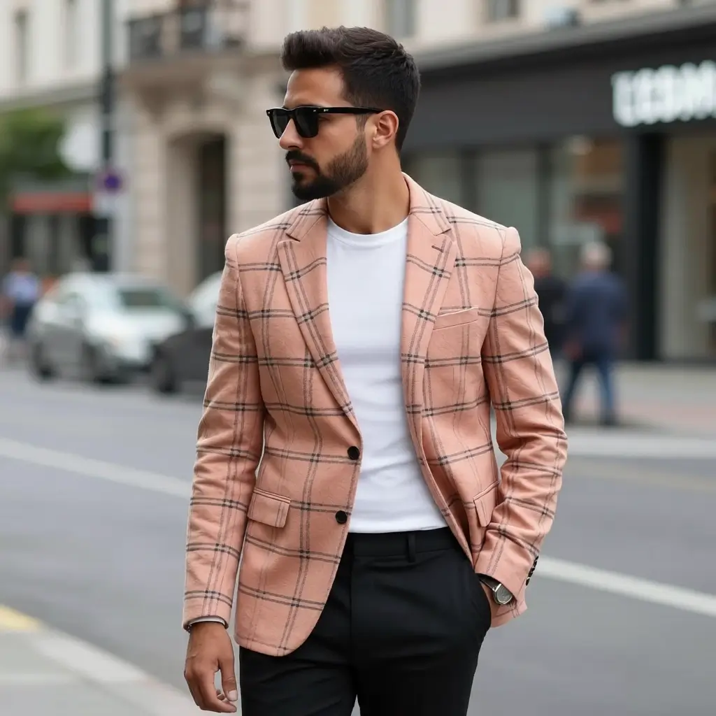 The Riviera Plaid Blazer: Slim-Fit Light Pink & Black Check Sports Jacket