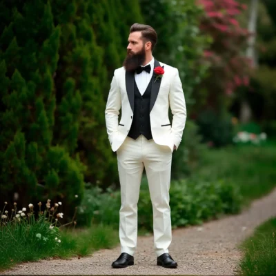 The Riviera Tuxedo: Off-White Slim-Fit Dinner Jacket with Black Satin Trim