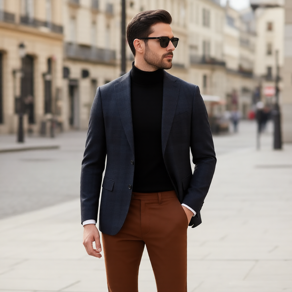 The Parisian Navigator: Slim-Fit Navy Sports Jacket Turtleneck Ensemble