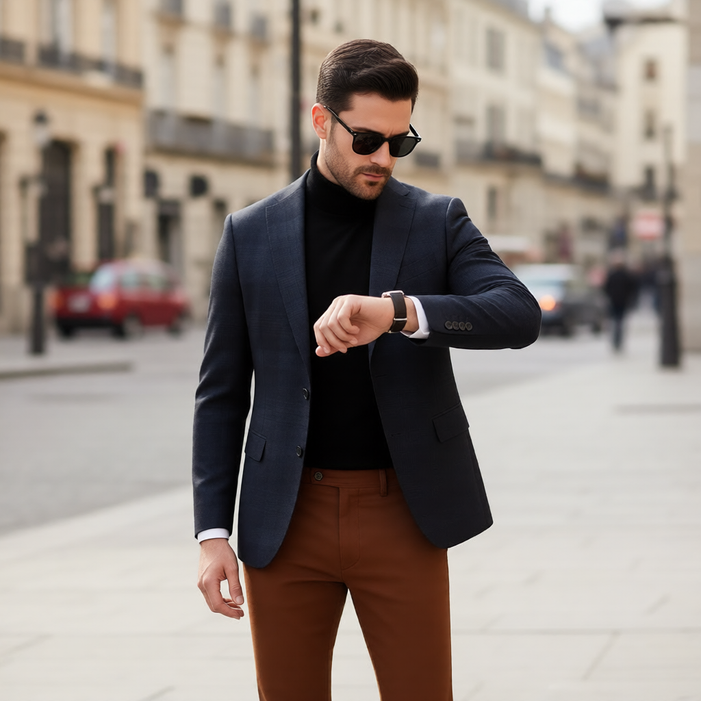 The Parisian Navigator: Slim-Fit Navy Sports Jacket Turtleneck Ensemble