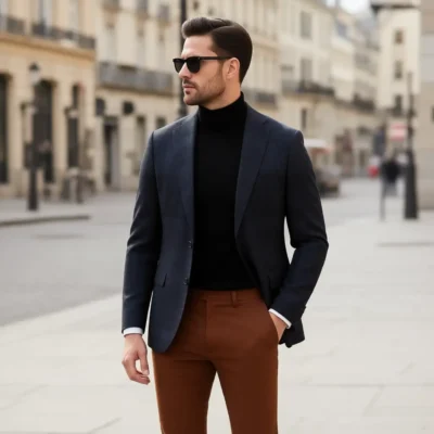 The Parisian Navigator: Slim-Fit Navy Sports Jacket Turtleneck Ensemble