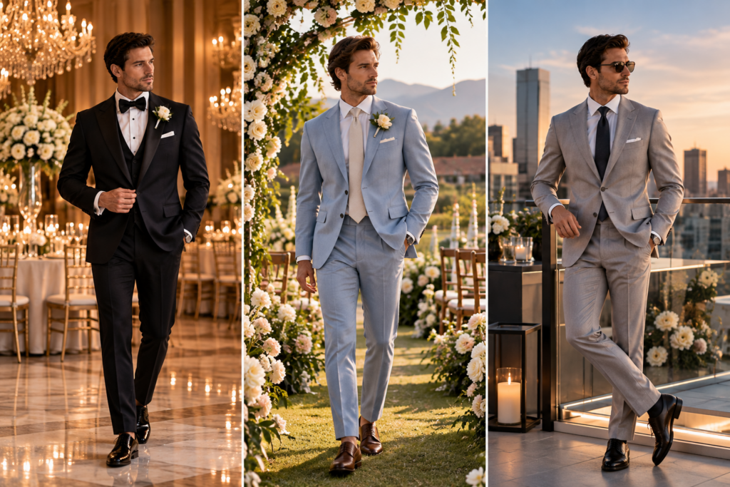 Three grooms wearing luxury custom wedding suits styled for a ballroom, outdoor garden, and modern rooftop wedding venue.