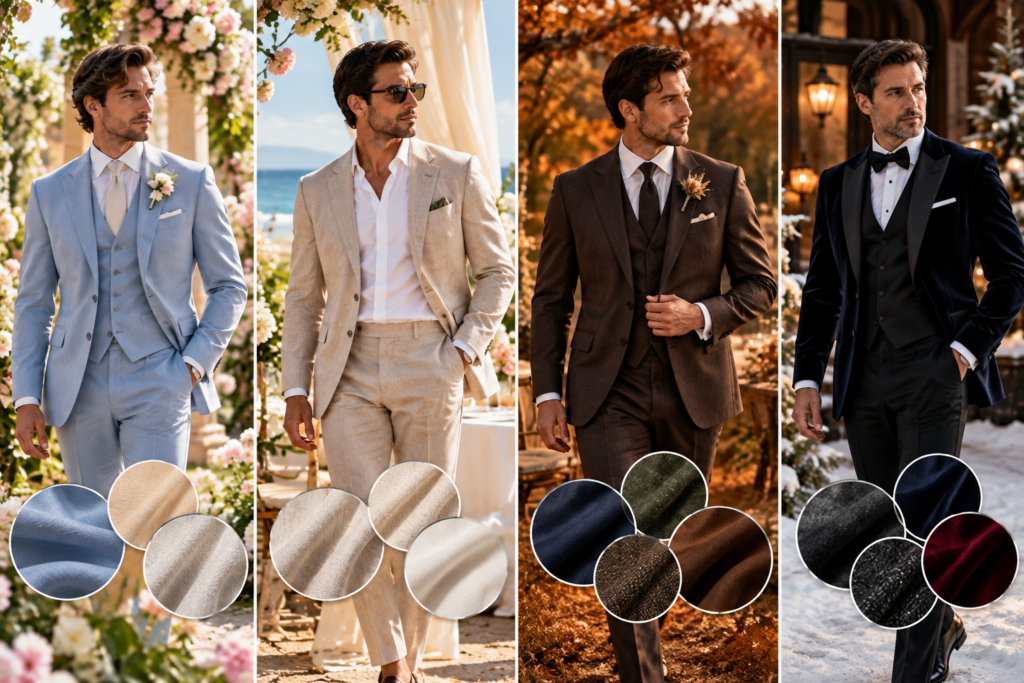 Four grooms wearing luxury custom wedding suits styled for spring, summer, fall, and winter, showcasing seasonal fabrics, colors, and elegant tailoring.