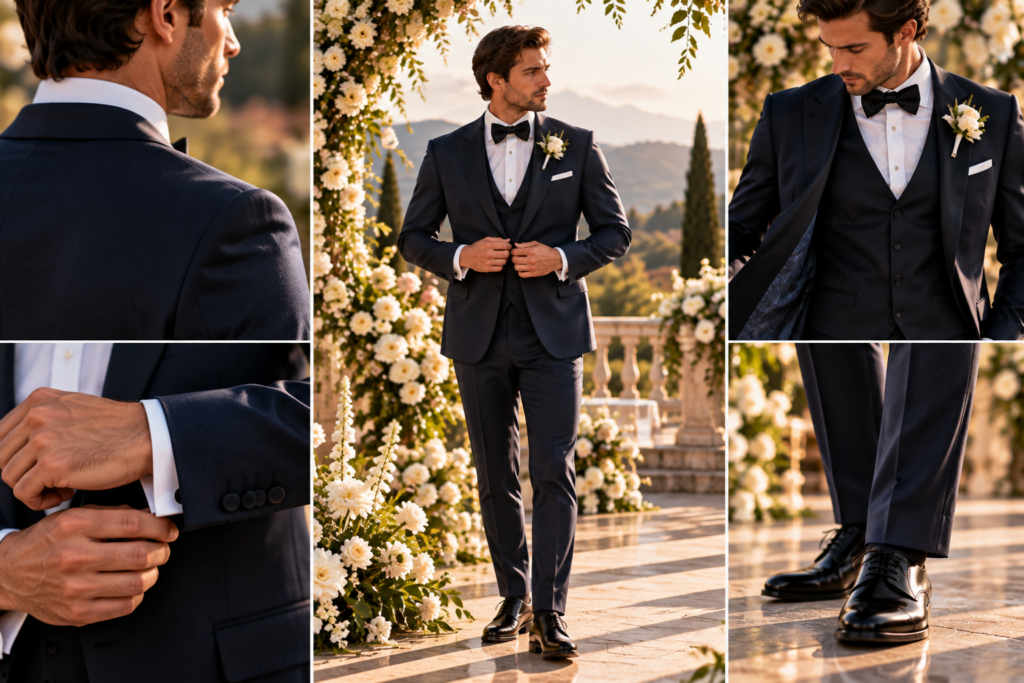 Groom wearing a luxury custom wedding suit with perfectly tailored shoulders, sleeves, jacket fit, and trousers for timeless wedding photography.