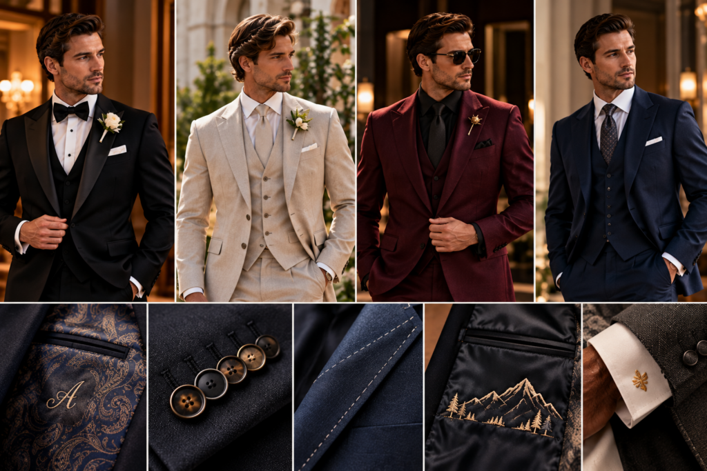 Luxury custom wedding suits showcasing personalized tailoring details including monogrammed lining, custom buttons, signature stitching, and embroidered jacket accents.