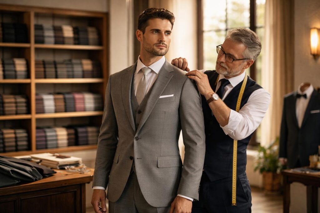 Professional tailor adjusting the shoulder fit of a groom's custom wedding suit during a made-to-measure fitting in a luxury tailoring showroom.