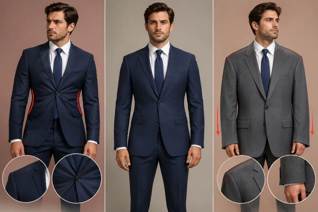 Men-in-suits-showing-different-fits-including-a-tight-waist-and-oversized-shoulders.