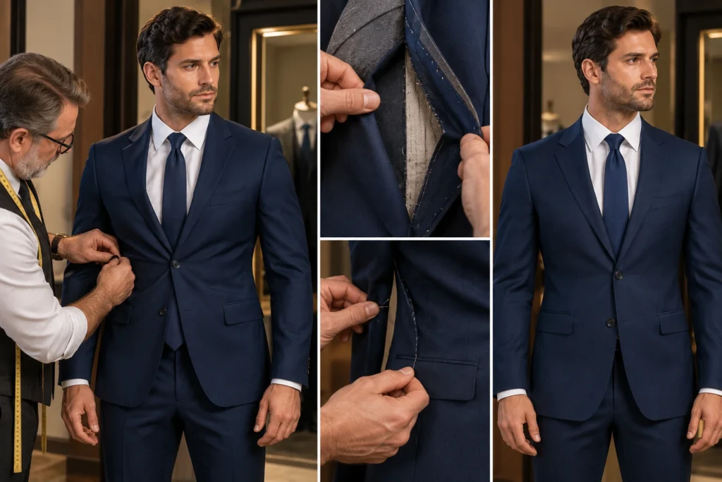 Tailor-adjusting-a-navy-suit-waist-by-measuring-and-altering-the-jacket-for-a-better-fit.