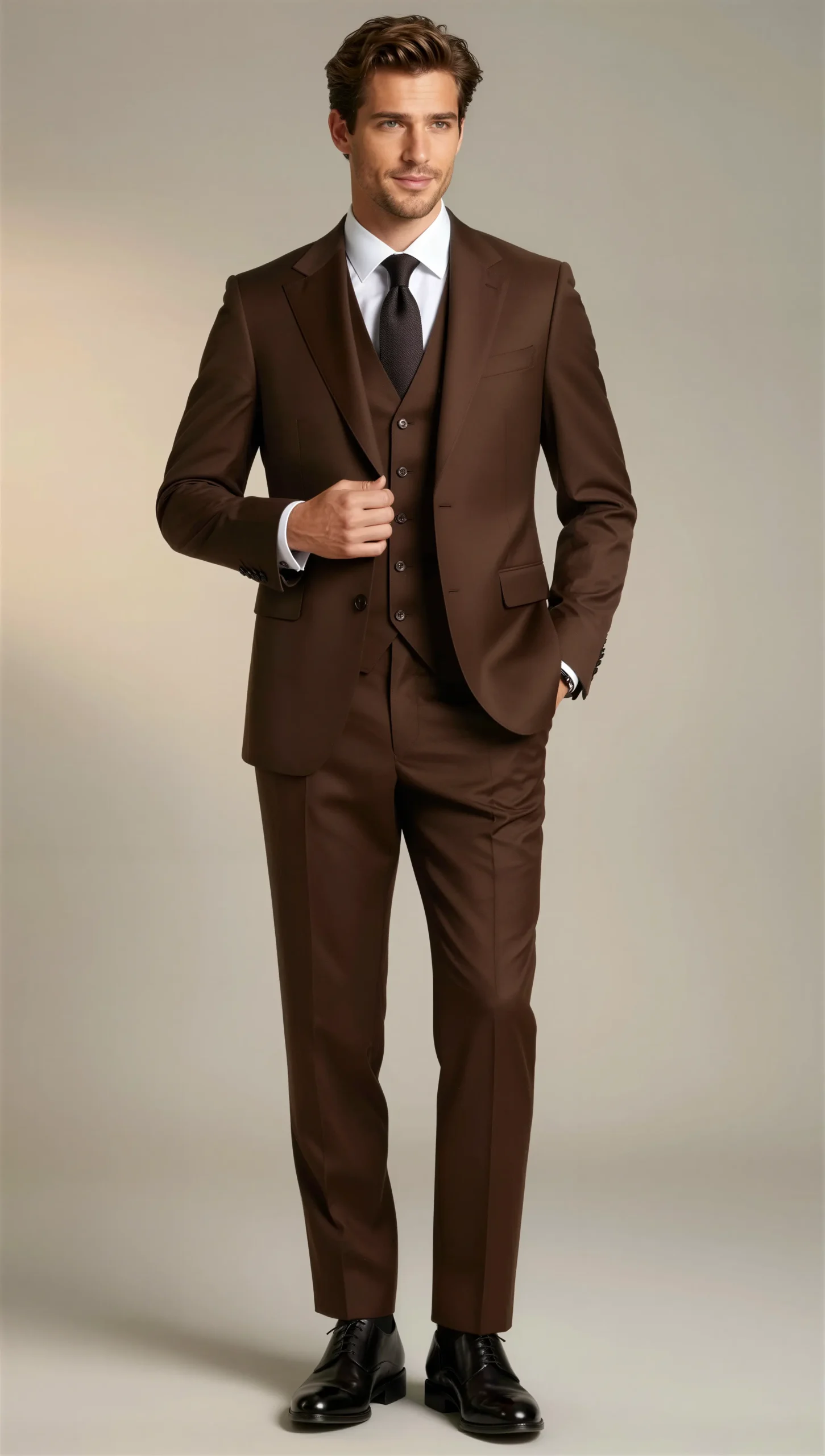 Three piece suit single breasted notch Brown chocolate