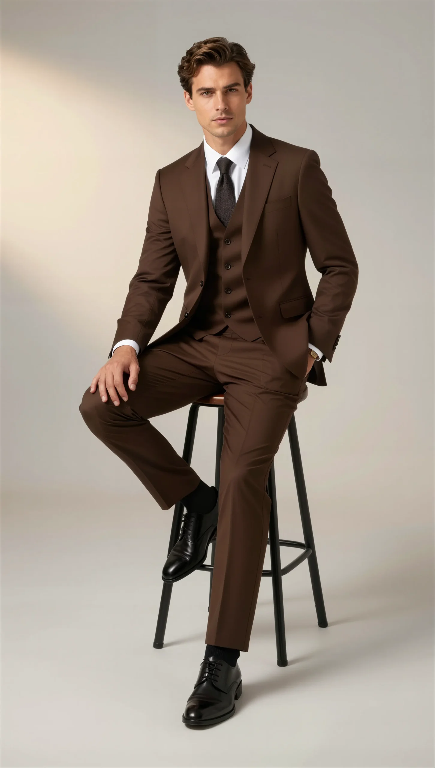 Three piece suit single breasted notch Brown chocolate