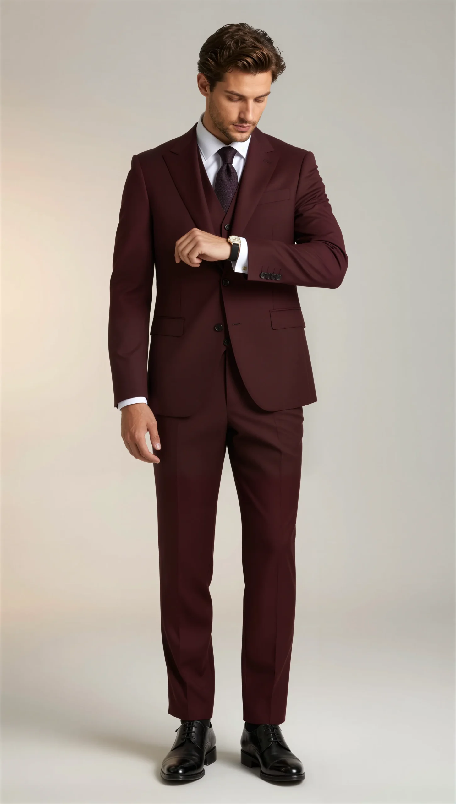 Three piece suit single breasted notch Burgundy wine