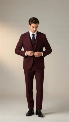 Three piece suit single breasted notch Burgundy wine