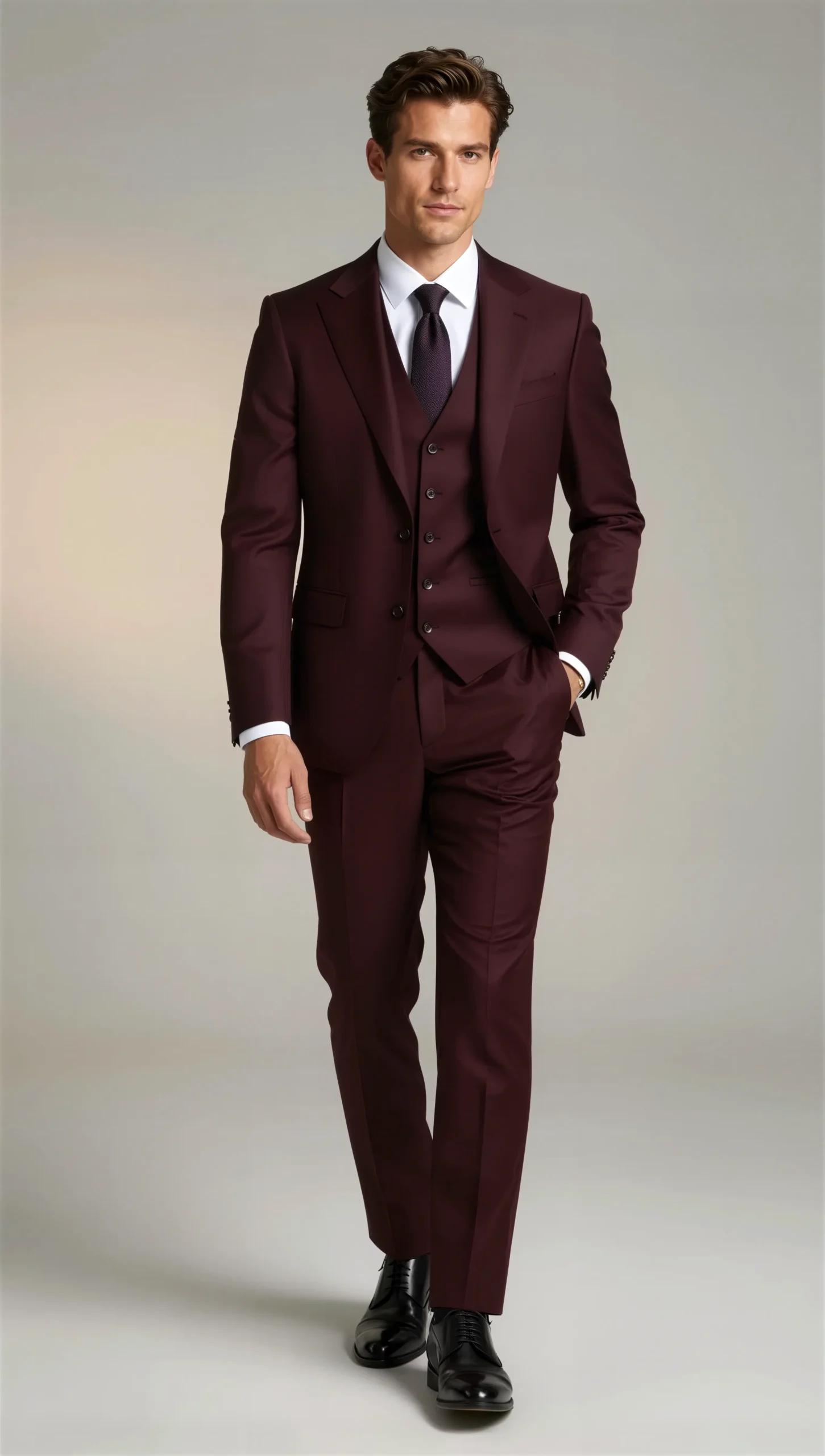 Three piece suit single breasted notch Burgundy wine
