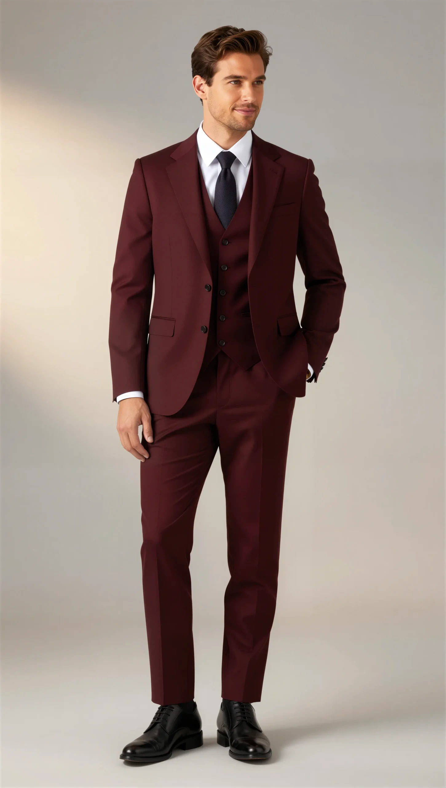 Three piece suit single breasted notch Burgundy wine