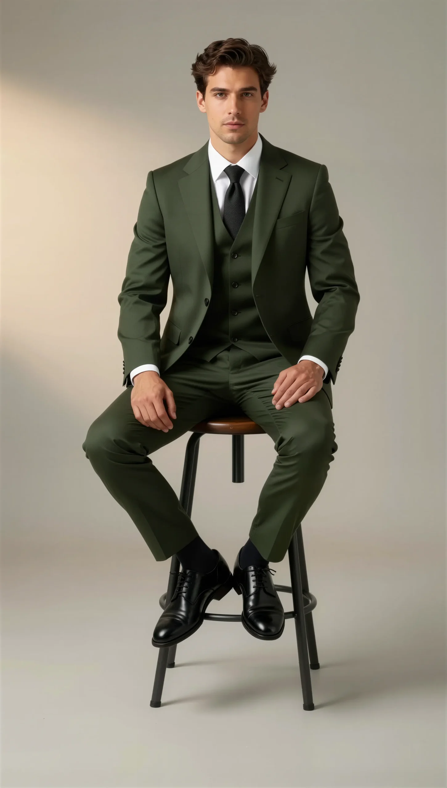 Three piece suit single breasted notch Dark green olive
