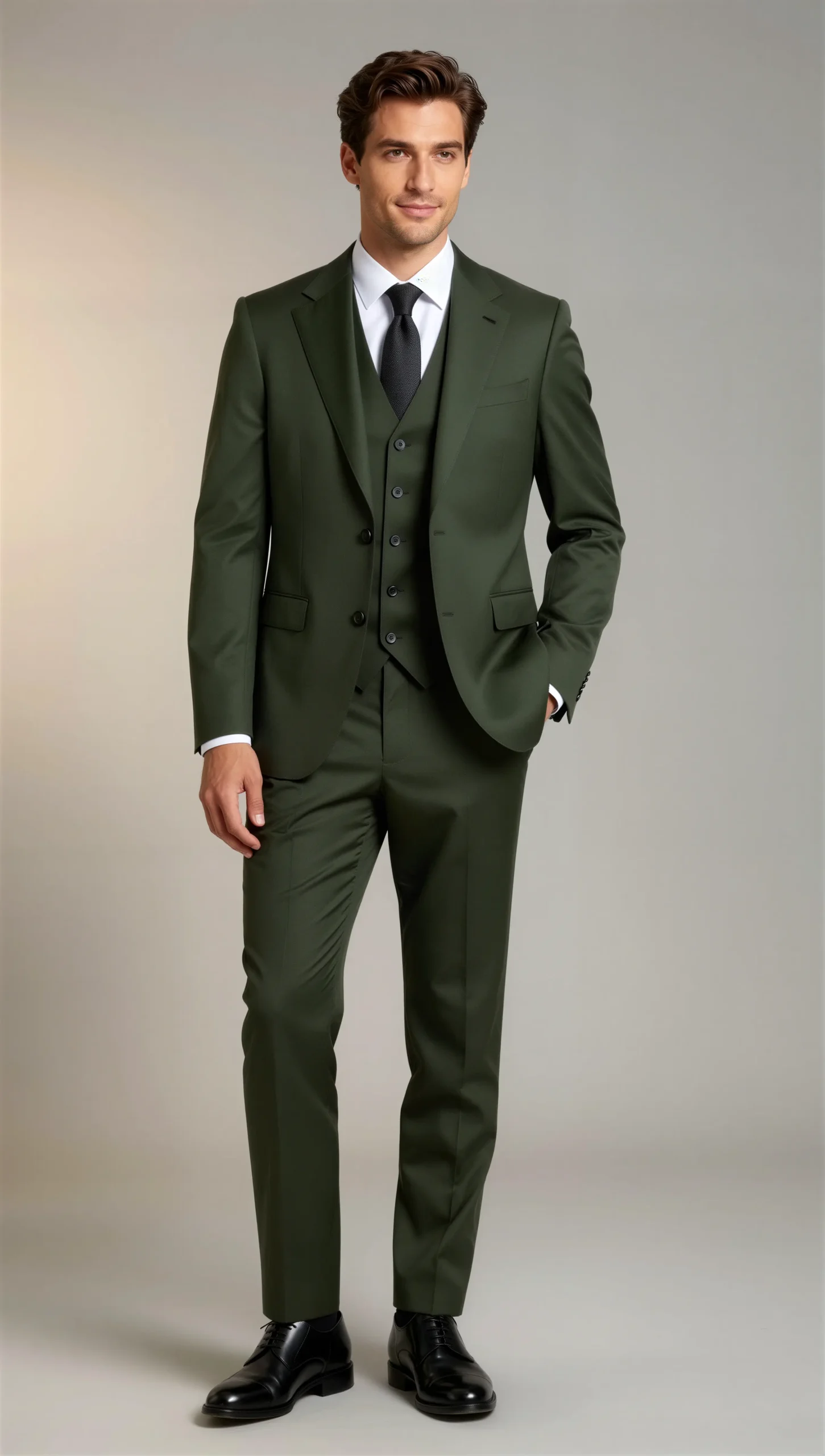 Three piece suit single breasted notch Dark green olive