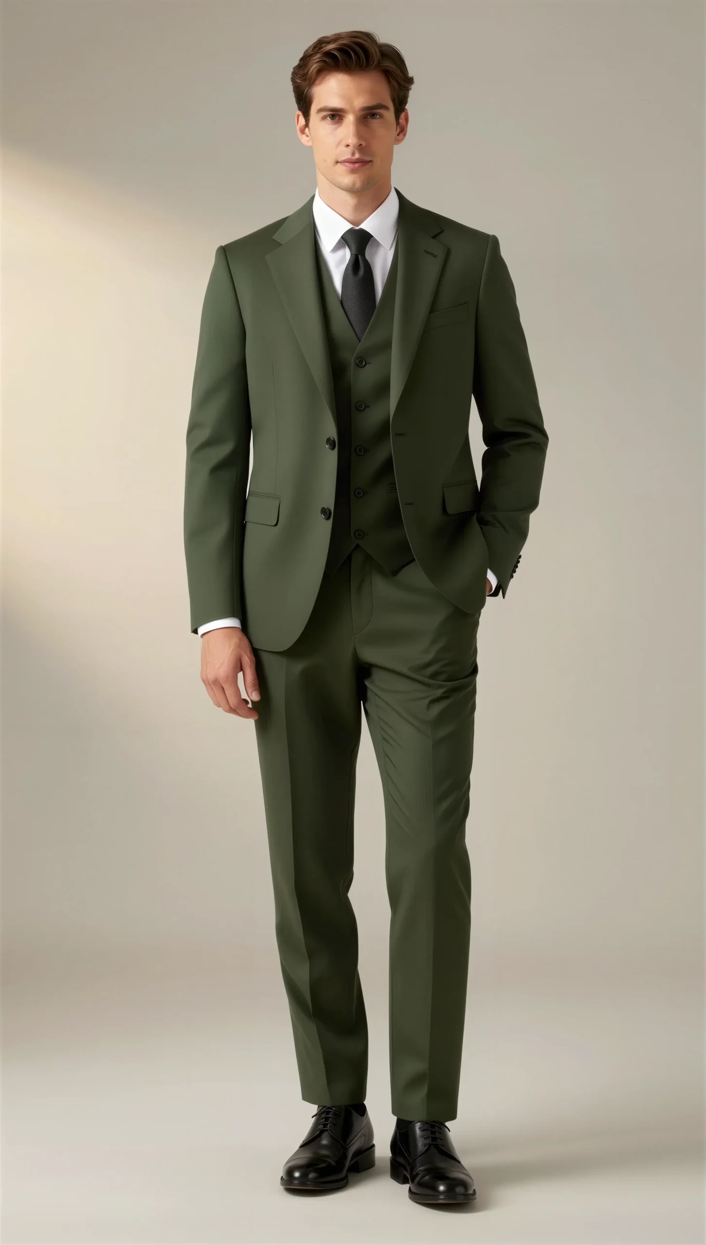 Three piece suit single breasted notch Dark green olive