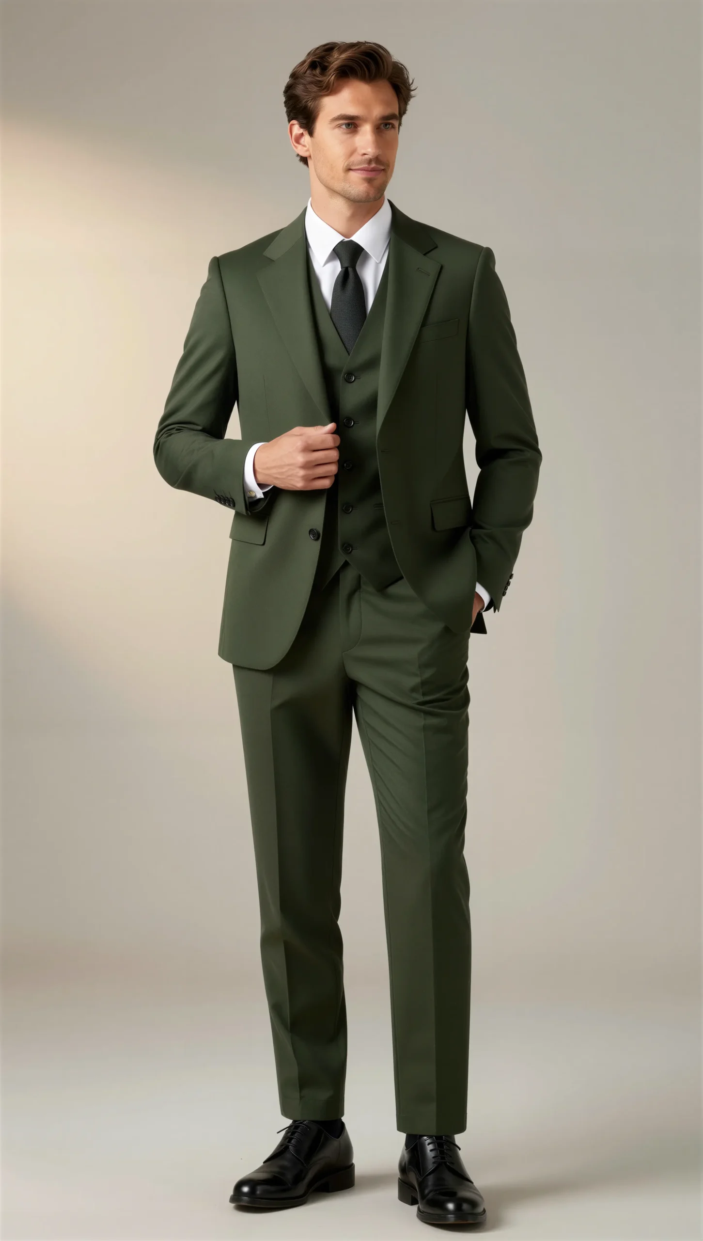 Three piece suit single breasted notch Dark green olive