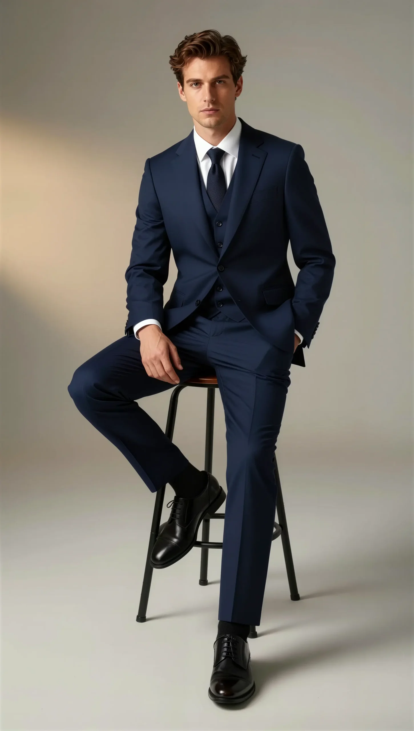 Three piece suit single breasted notch Navy Blue
