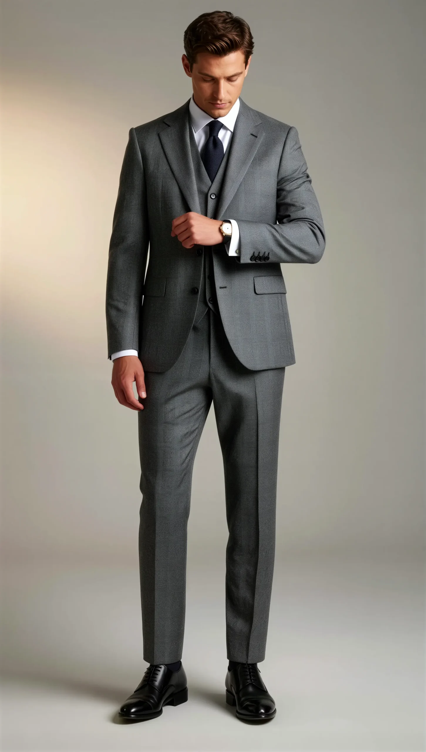 Three piece suit single breasted notch Prince of wales grey check